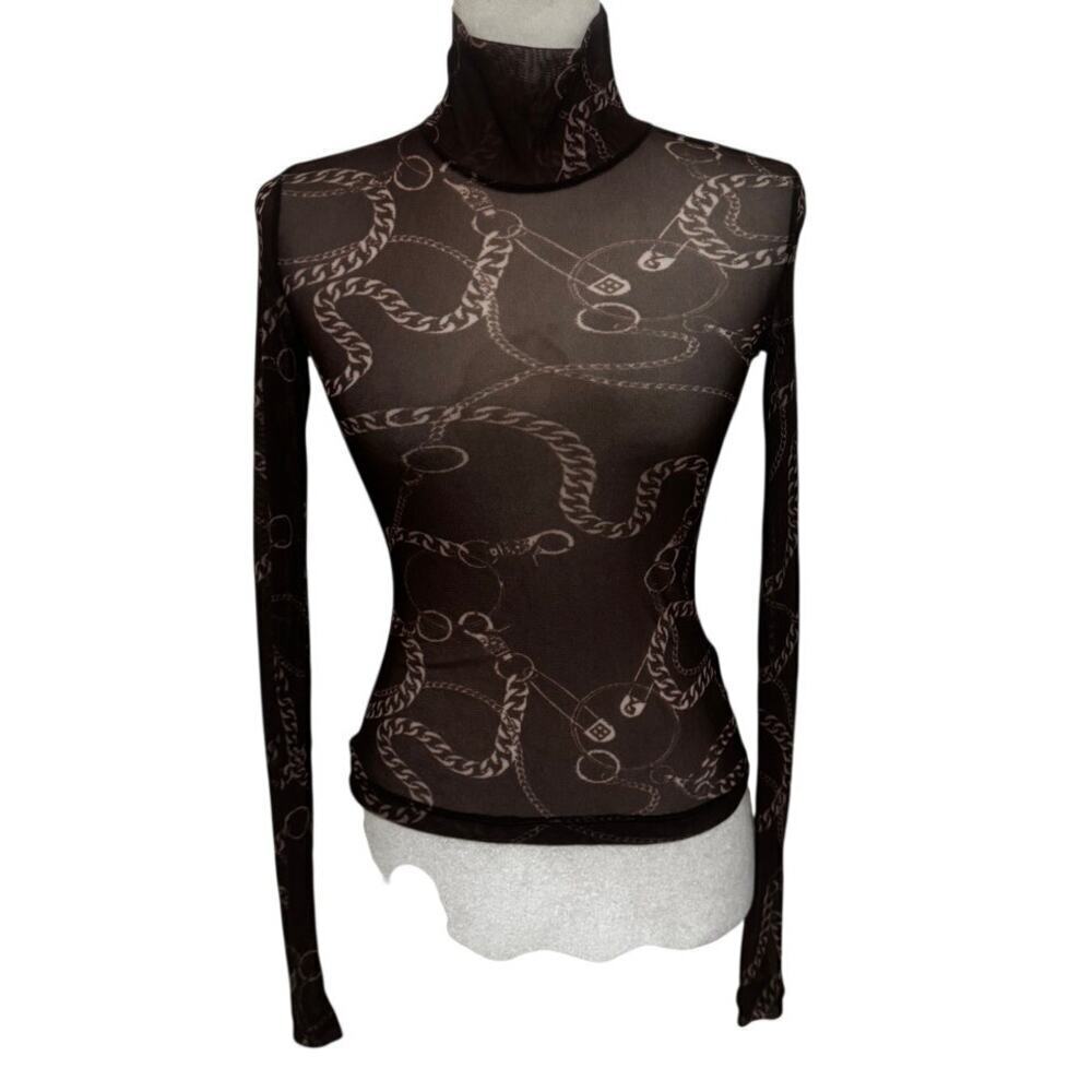 Ksubi Sheer Mesh Chain Print Turtleneck Top – Brown – XS-Y2k Grunge Indie Sleeze - Picture 2 of 6